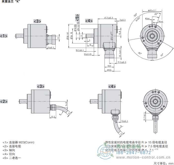 AC58-并口光电绝对值通用编码器外形及安装尺寸(夹紧法兰K) - 西安德伍拓自动化传动系统有限公司