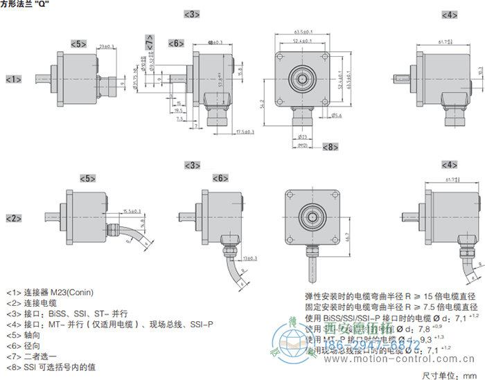 AC58-并口光电绝对值通用编码器外形及安装尺寸(方形法兰Q) - 西安德伍拓自动化传动系统有限公司