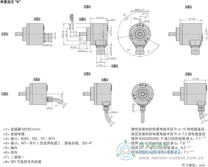 AC58-DeviceNet光电绝对值通用编码器外形及安装尺寸(夹紧法兰K) - 西安德伍拓自动化传动系统有限公司