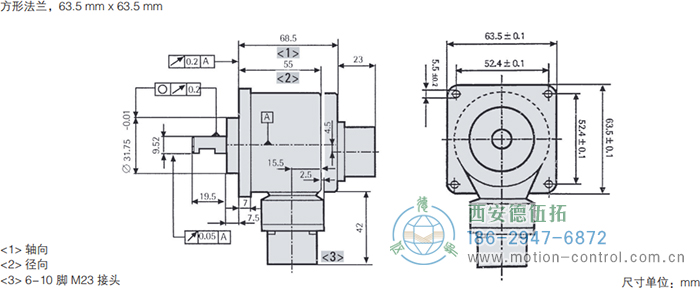 RI58-O/RI58-T实心轴光电增量通用编码器外形及安装尺寸(方形法兰，63.5mm×63.5mm) - 西安德伍拓自动化传动系统有限公司